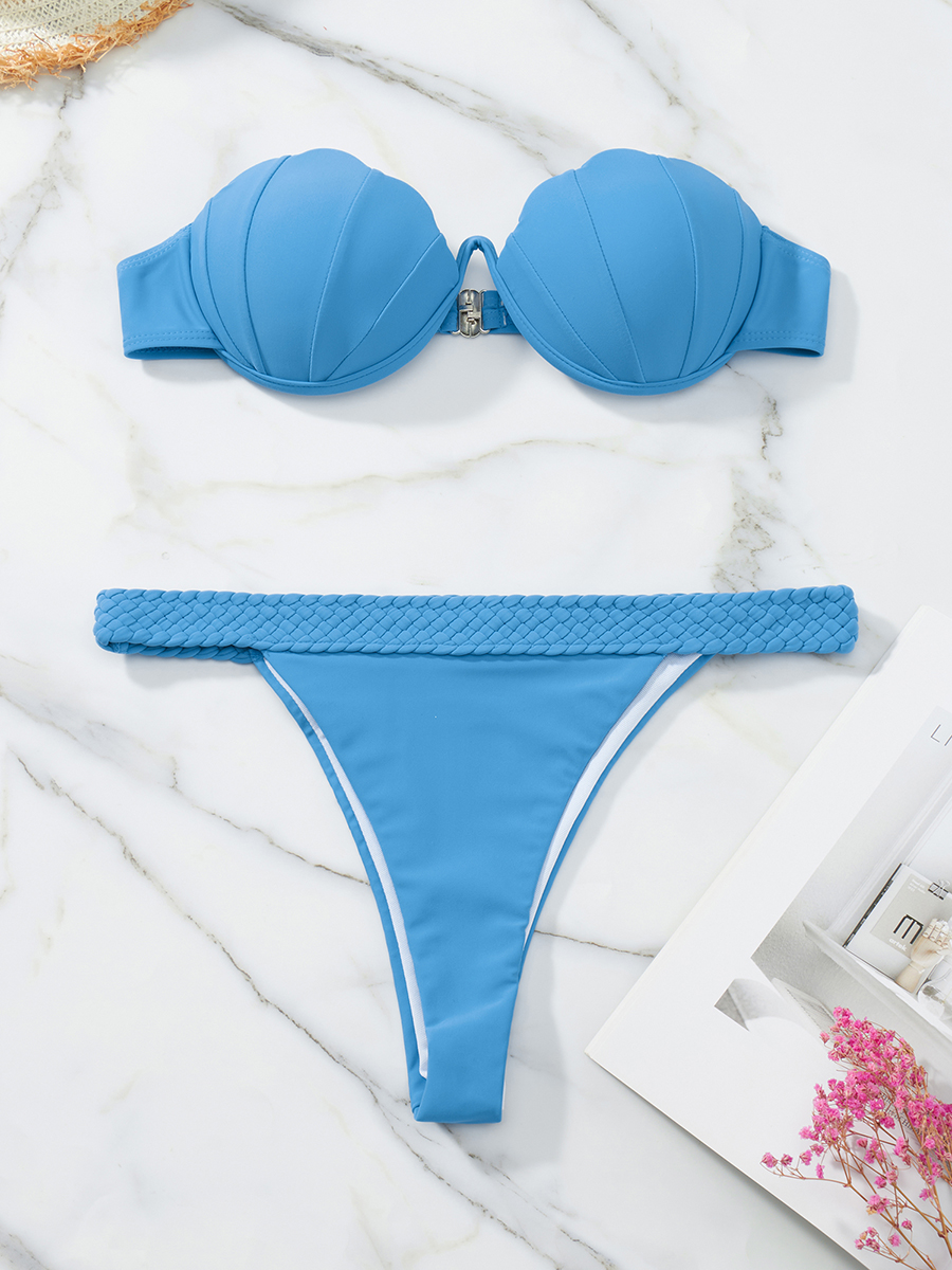 Sexy 2 Pieces Women Bikini Swimsuits Solid Color Shell Bag Strapless Bandeau Tube Tops Padded Bra Thong Bottoms Bathing Suit Set