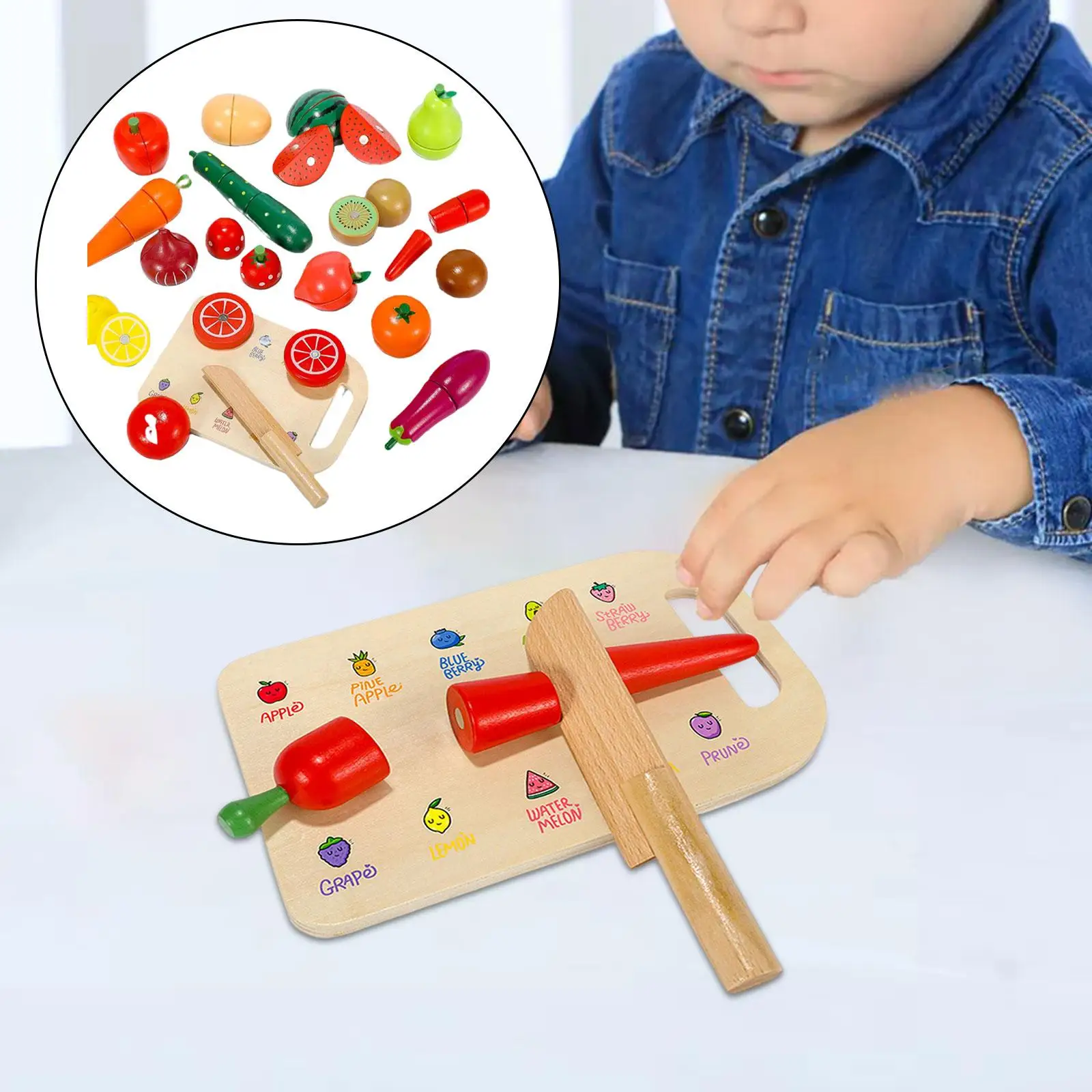 Wood Cutting Fruit Play Food Kitchen Accessories Toy Smooth Edge Durable Colorful for Kids , Boys, Girls Gift Easily Store