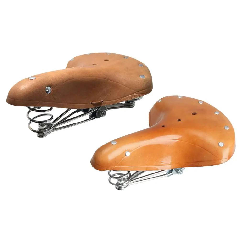 Extra Wide Comfy Bicycle Leather Saddle Bike Cowhide Seat With Spring Universal