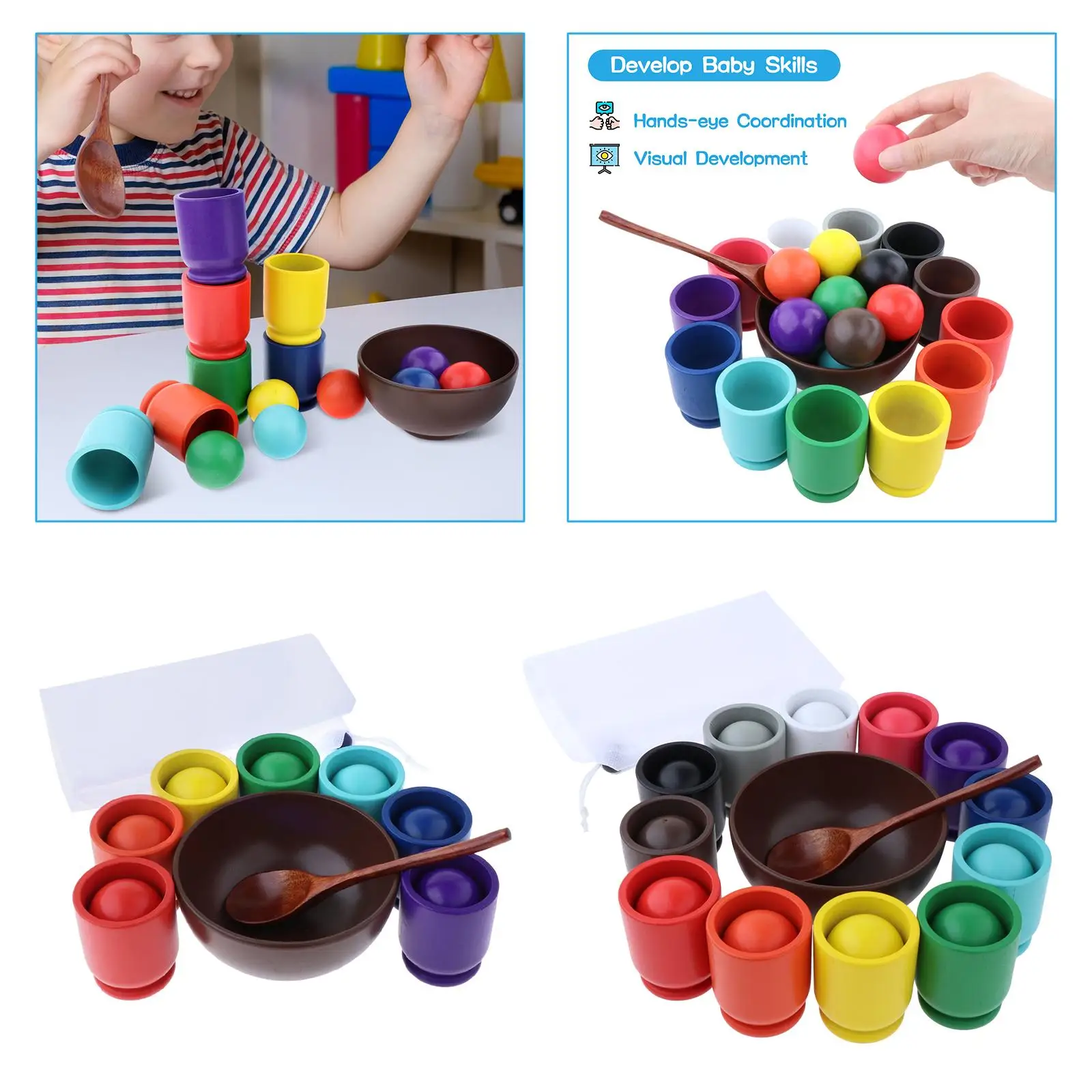 Children Rainbow Balls in Cups Montessori Toy, Wooden Sorter Game, Training Logical Thinking, Fine Motor Development for Kids