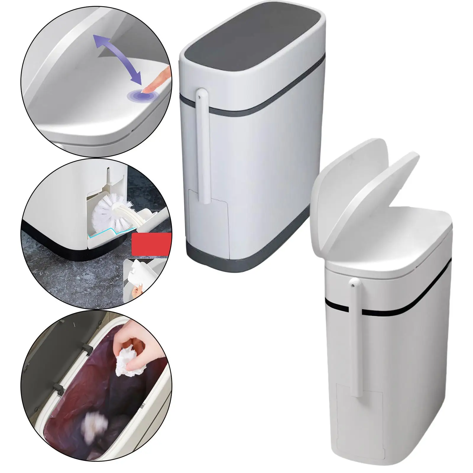 Narrow Trash Can with Toilet Brush Dustbin Bucket for Bathroom Bedroom Living room and home RV