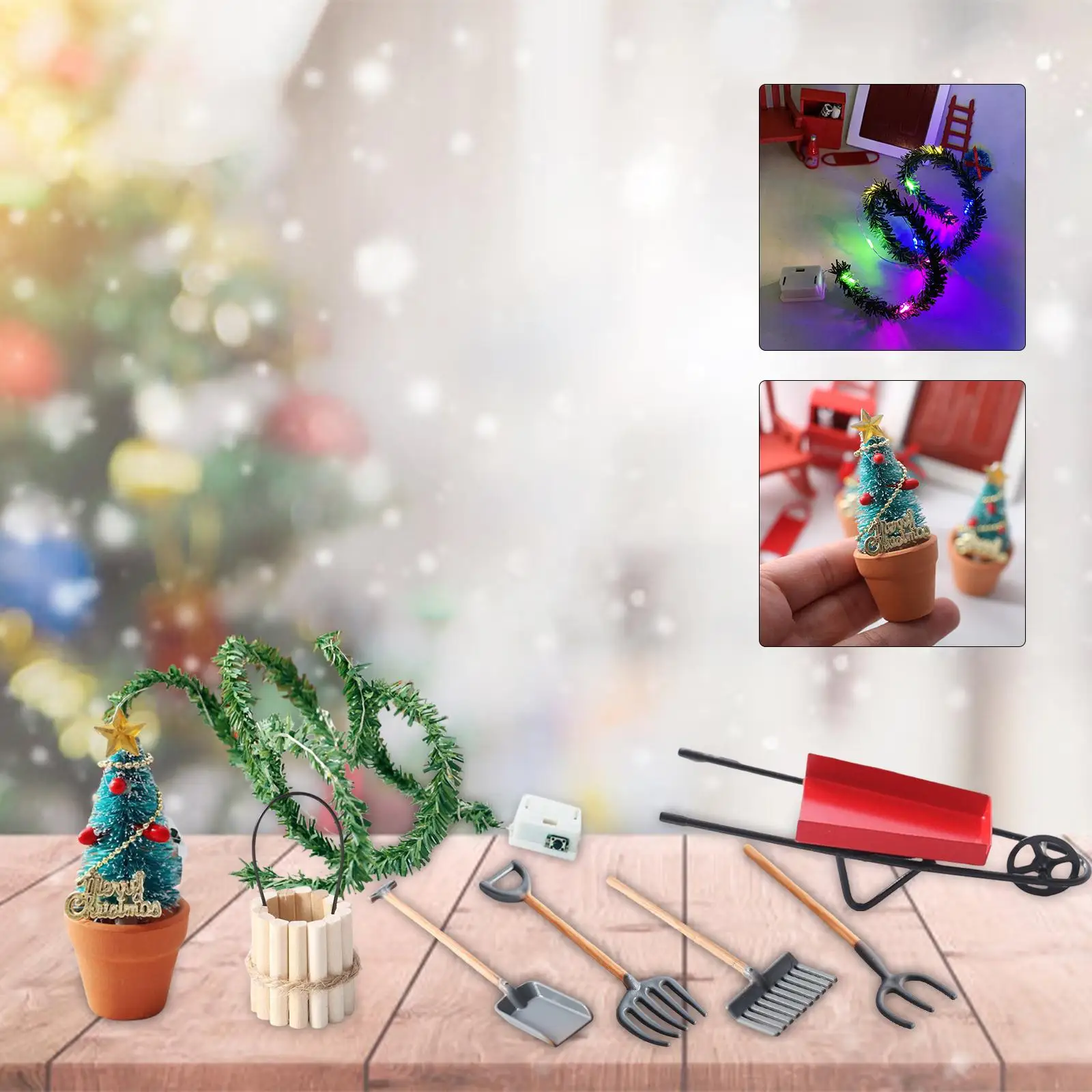 8Pcs Miniature Christmas Decoration Xmas Potted Tree Mini Trolley for 1/12 Dollhouse DIY Scene