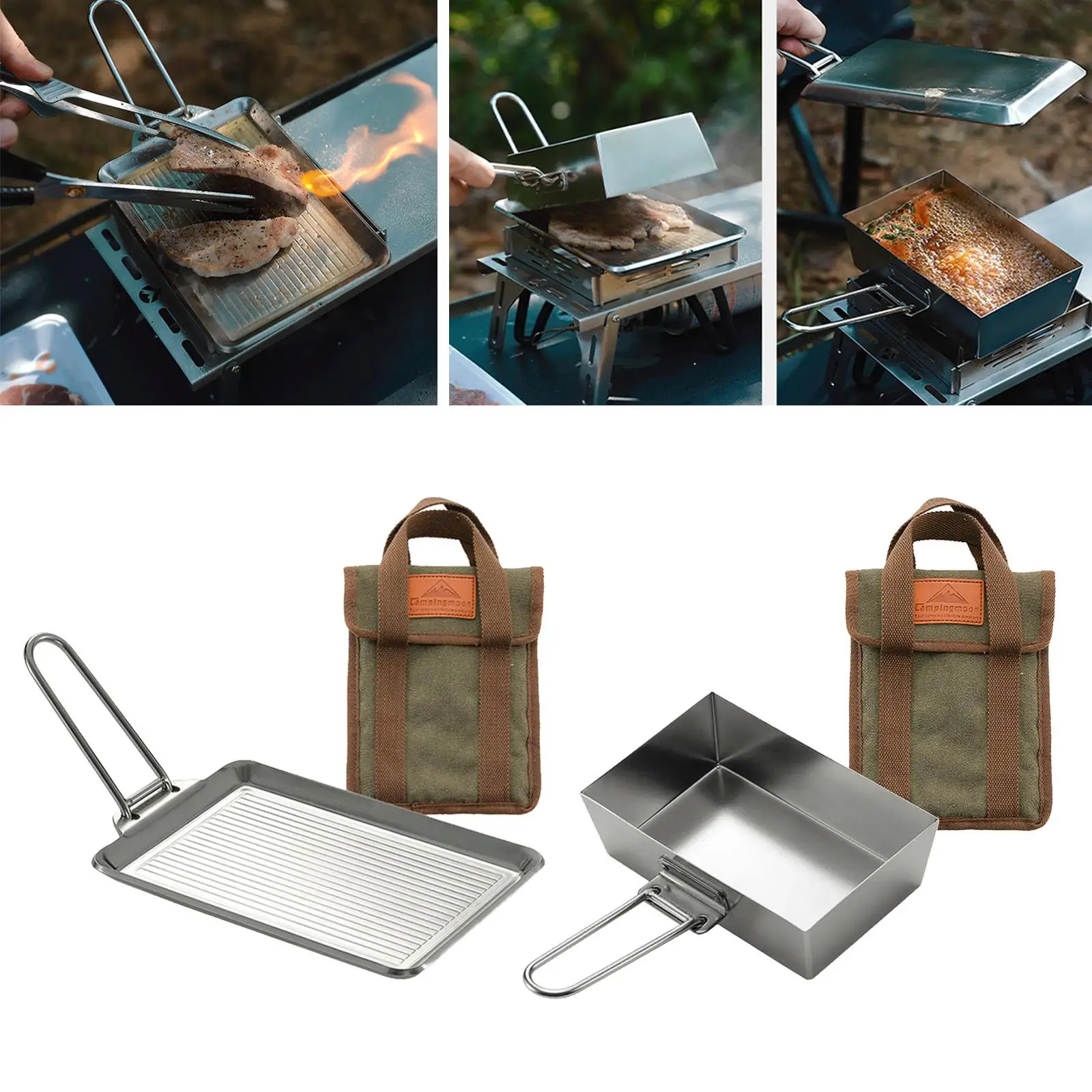 Portable Camping Frying Pan Foldable Handle Picnic Utensil with Storage Bag