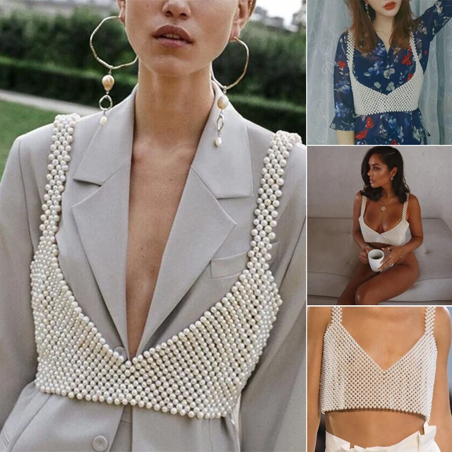Hot Women Ladies White Beaded Pearls Bralette Bra Tank Bustier Vest Crop Top  Artificial Pearl Bra Top Chainmail Jewel Vest Tops - AliExpress