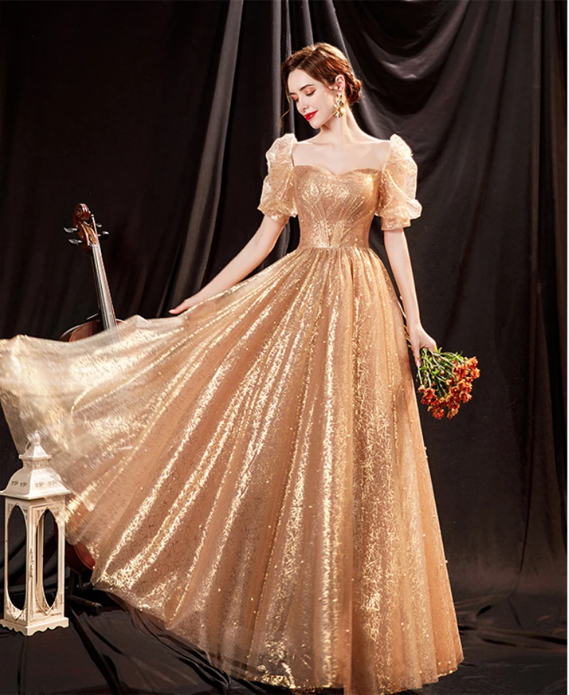 SSYFashion Gold Evening Dress for Women Puff Sleeve A-line Floor-length Sparkling Beading Formal Party Gowns Vestidos De Noche maternity evening dresses