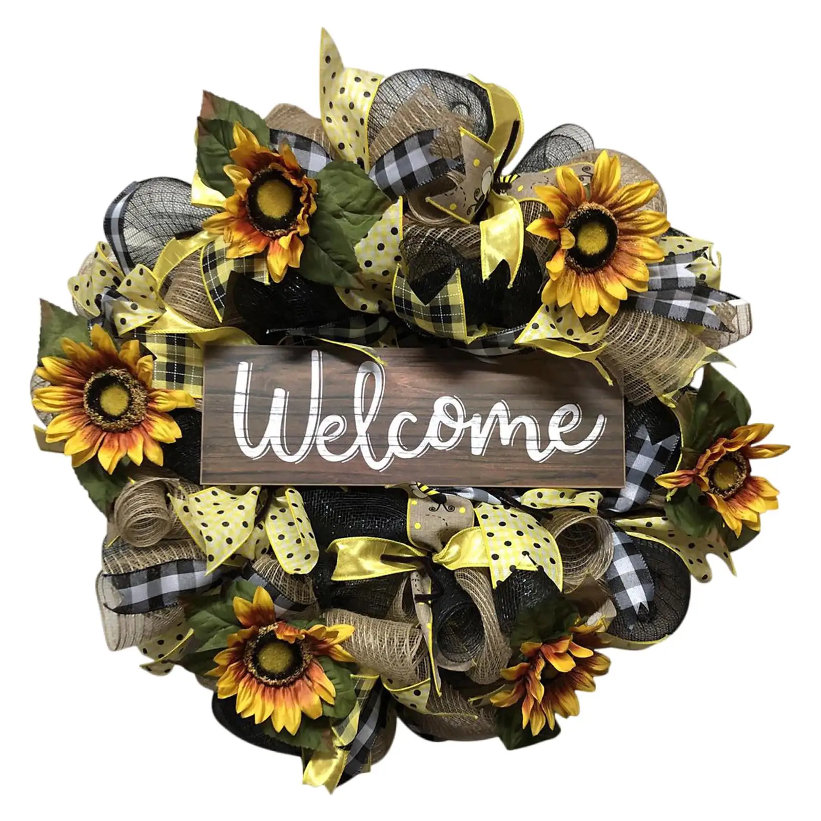 Realistic Artificial Sunflowers Wreath Welcome Sign for Festival Celebration Decoration