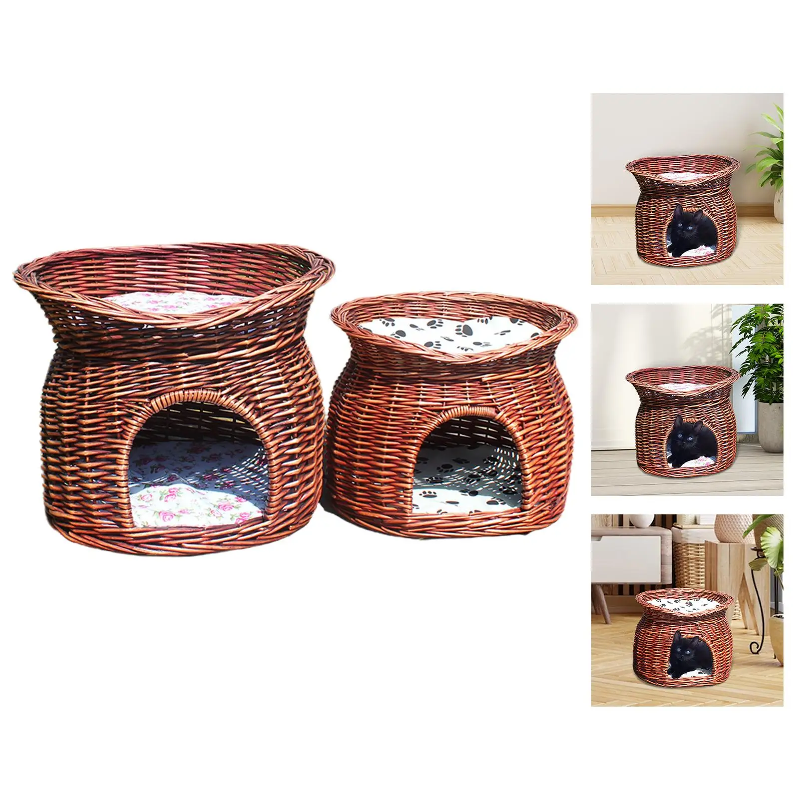 Pet House Rattan Woven Puppy Basket Kitten House Cat Bed for Indoor Cats