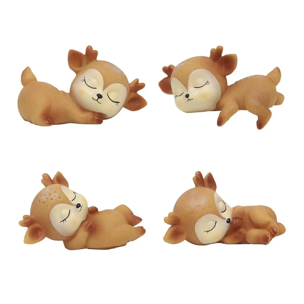 Set of 4 Cute Sleeping Deer Figurines  Miniature Animal Ornaments