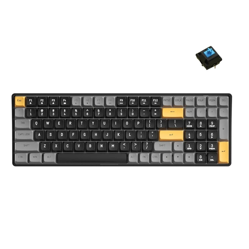 Un teclado negro y amarillo con un pequeño cuadrado negro en el costado