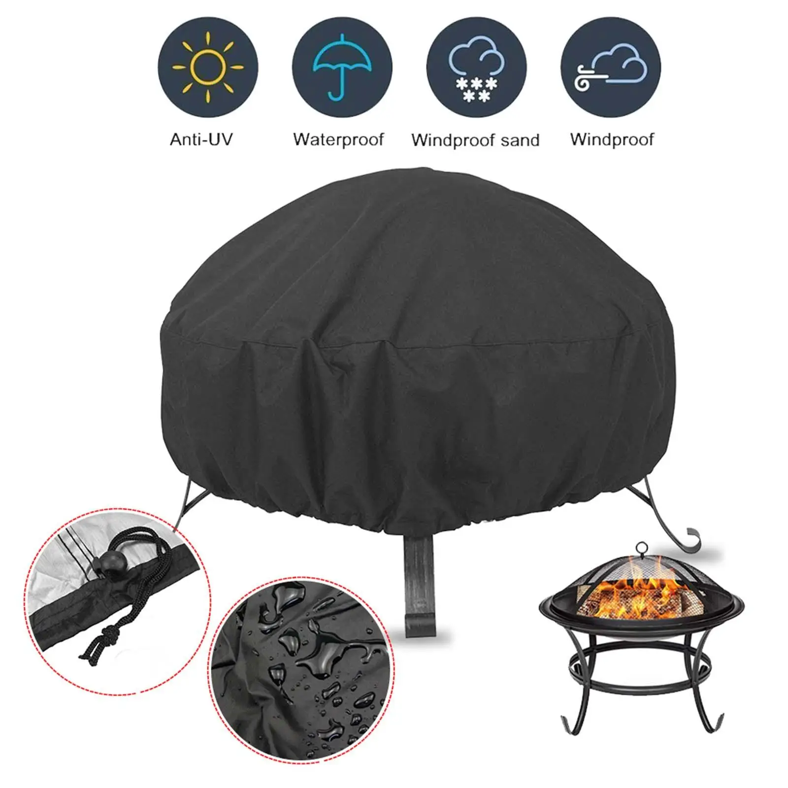 Portable Fire Pit Cover Windproof Outdoor Patio Firepit Sun Protect Durable Brazier Cover for Outdoor Indoor Barbecue Patio