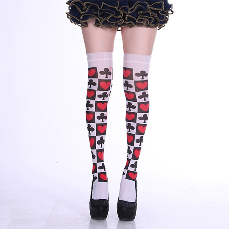 Halloween Frauen Oberschenkel Hohe Strümpfe Poker Karte Anzug Drucken Über Knie Lange Socken – Detail 3