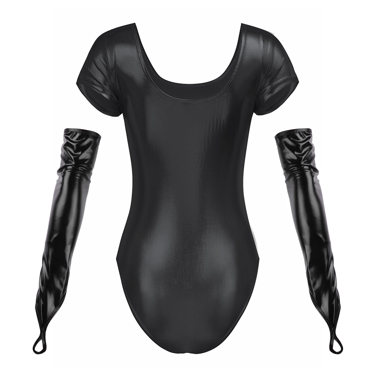 Damen glänzendes Lack leder Ballett Tanz kostüm Kurzarm einteiliger Trikot Body mit bogenlangen finger losen Handschuhen – Detail 5