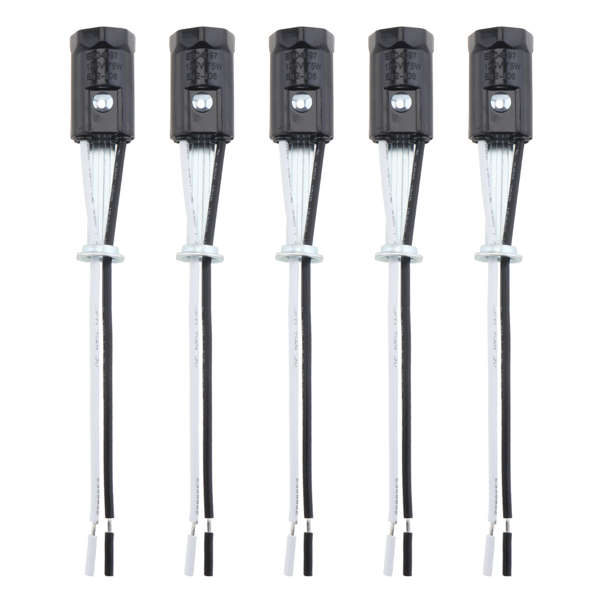 Candelabro Base, Lâmpada Suporte Soquete, Lâmpada Cap com Fio Preto e Branco, 5PCs