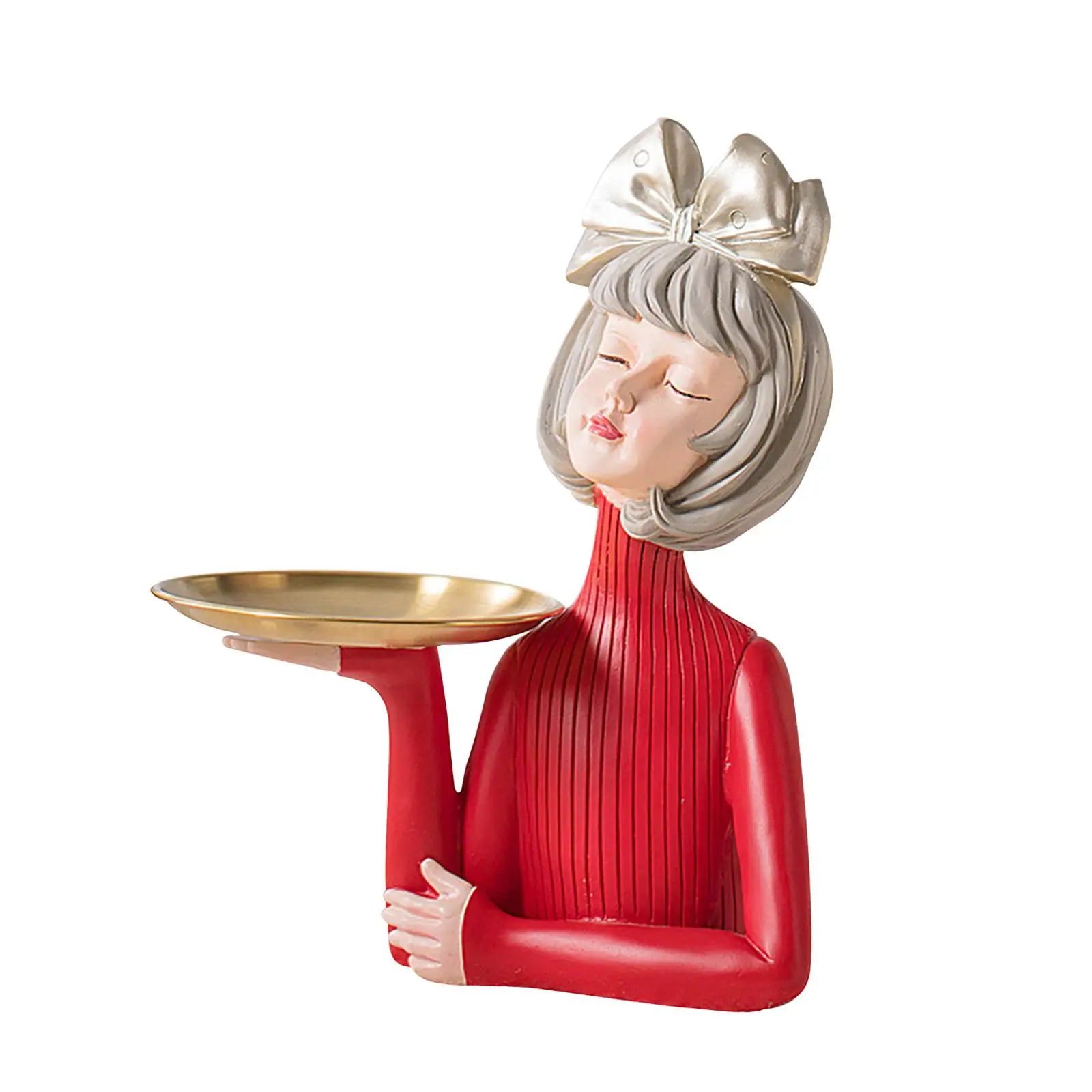 Multipurpose Girl Statue with Tray Home Decor Sculpture Resin Jewelry Storage Tray for Desk