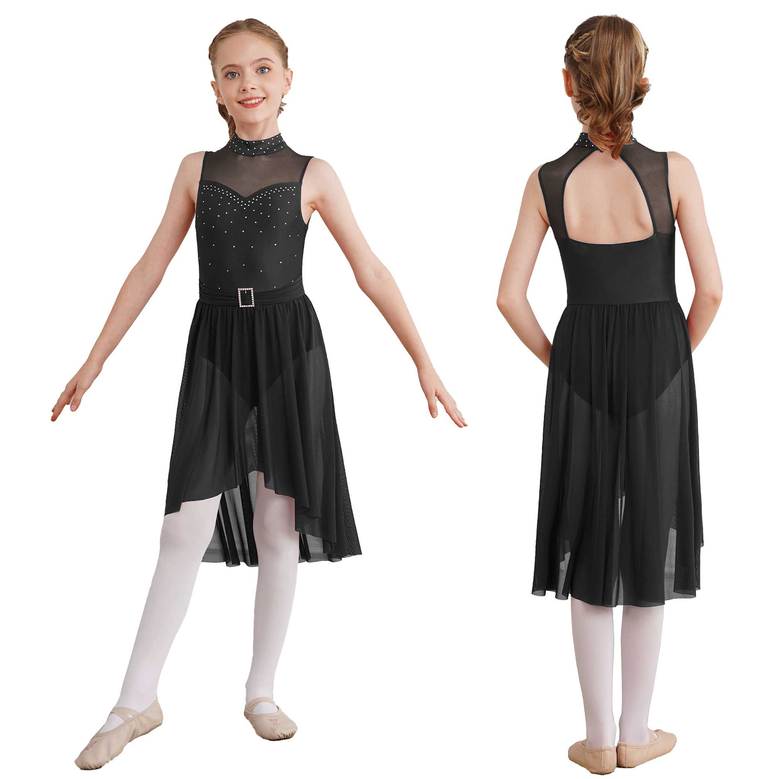 Kinder Mädchen Lyrical Modern Dance Kleid Ärmellos Glänzend Strass Ballett Gymnastik Eiskunstlauf Trikot Kleid Bühne Dancewear – Detail 26