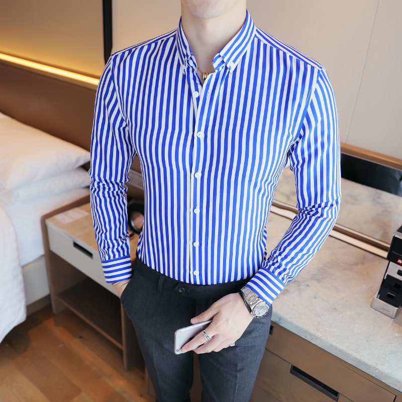 Title 2, Korean Long Sleeve Striped Shirt Men Clothing S...