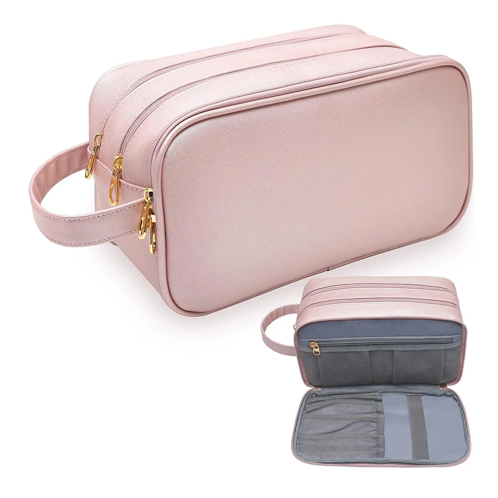 Water Resistant PU Leather Toiletry Bag Dorm Essentials Travel Makeup Bag for Accessories Business for Women Men Bathroom Pink