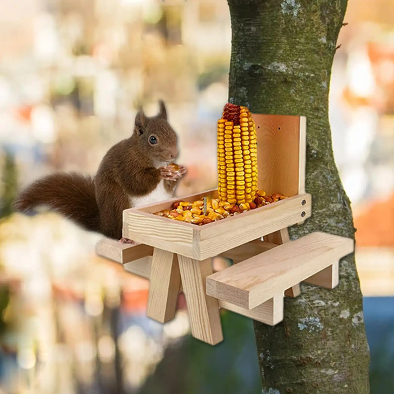 Wooden Squirrel Feeder Squirrel Bench Squrrill Picnic Table Chipmunk Feeder Squirrel Feeder Box for Outside Yard Garden Outdoors