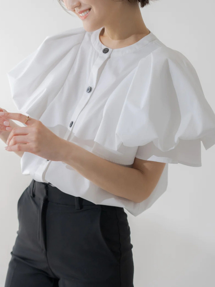 2023 Summer New Elegant Simple Solid White Shirts Fashion O-neck