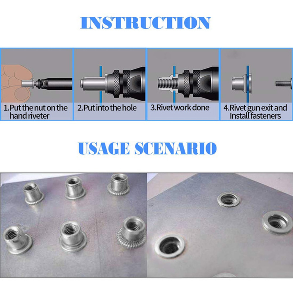 100pcs M3-M8 Aluminium legierung Flach kopf Gewinde Niete insatz Nussert Kappe Mutter Multi-Größe Niet mutter Kit Niet pistole Werkzeug – Detail 4