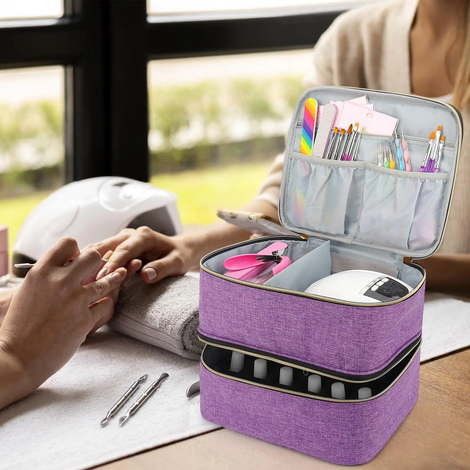 Nail Polish Organizer Detachable Divider Double Layer with Sturdy Handle Portable Multipurpose Professional Nail Dryer Case