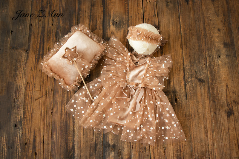 Samt spitze kleid neugeborenen baby mädchen kissen zauberstab foto set mit foto requisiten – Detail 2