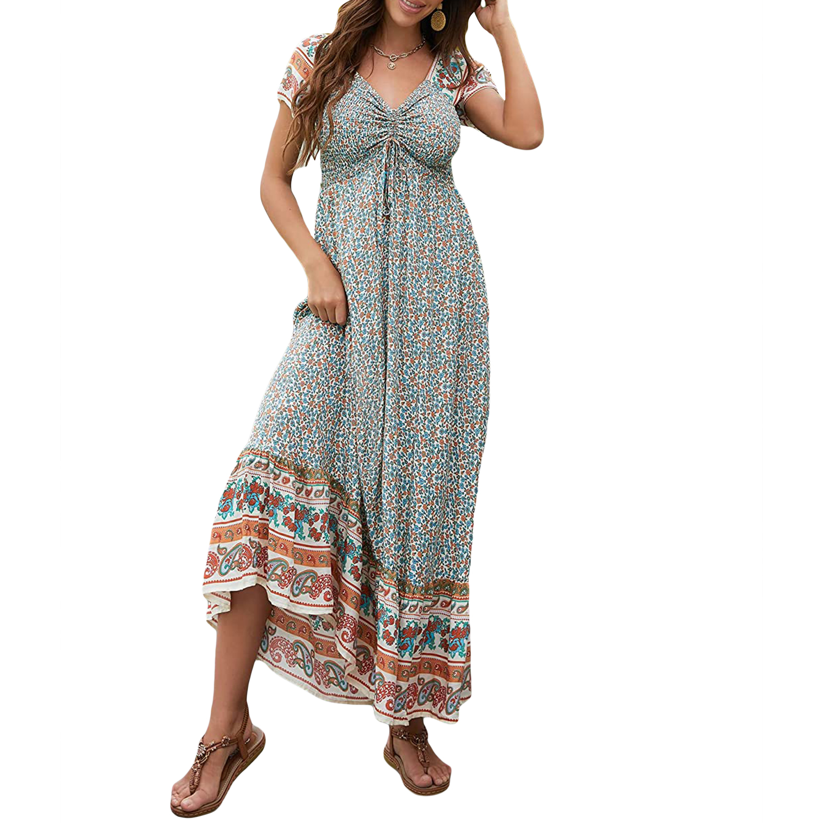 Maxi Vestido de Linho Feminino, Estampa Boho,