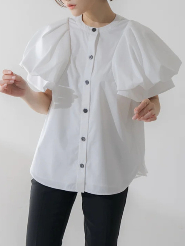 2023 Summer New Elegant Simple Solid White Shirts Fashion O-neck Single  Breasted Puff Sleeve Blouse Women All-match Japanese Top - AliExpress