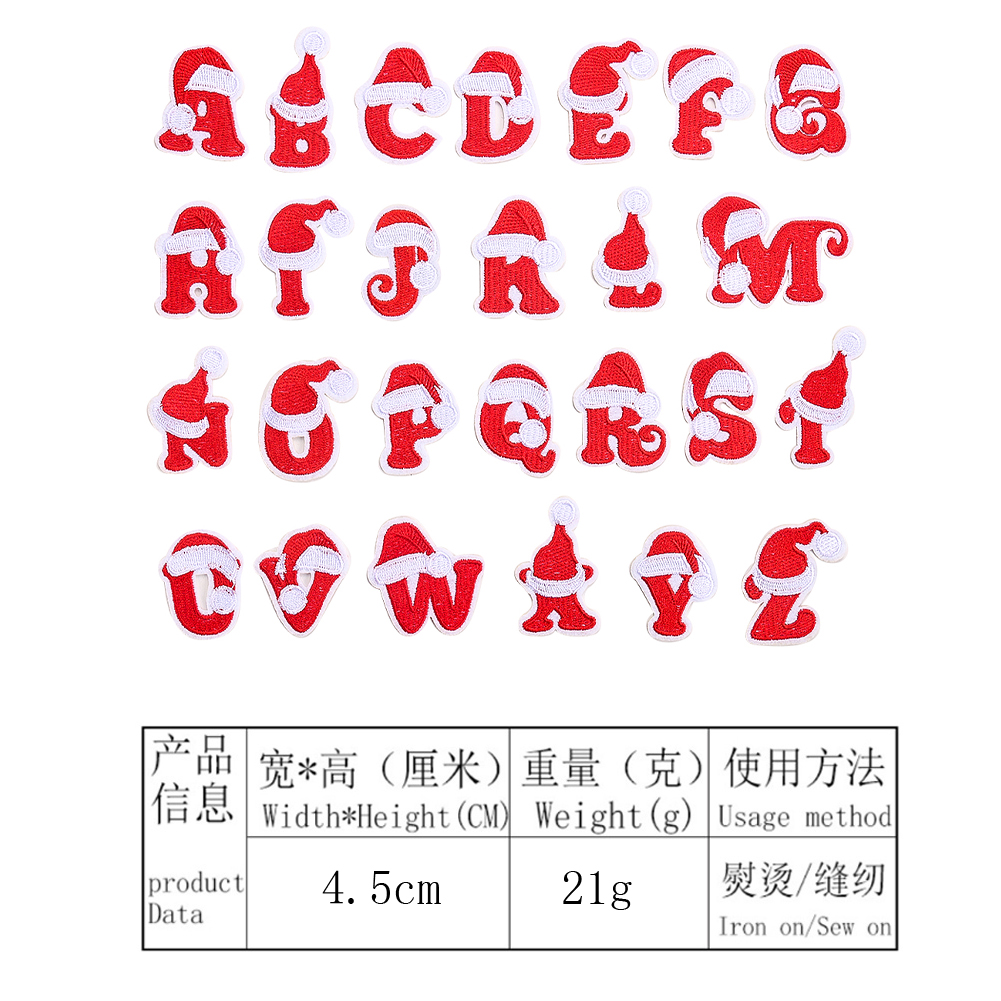 26 Stück Weihnachtsserie Buchstaben-Patch, Alphabet, roter Hut, Mütze, Weihnachtsmann, Stickerei, Eisen auf Applikation, DIY-Stoff, Patchwork-Handwerk – Detail 1