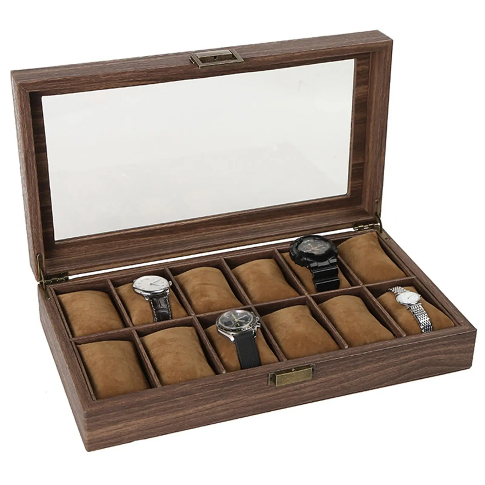 Portable Luxury Wood Watch Box Jewelry Necklace Storage Organizer Glass Top