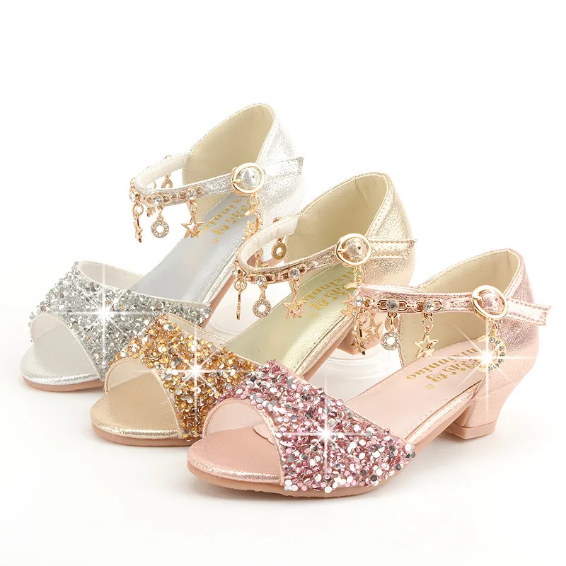 Kids Princess Leather Shoes for Girls Casual Glitter Children High Heel Girls Sandal Shoes Gold Pink Silver Kids Sandals Shoes children's shoes for high arches