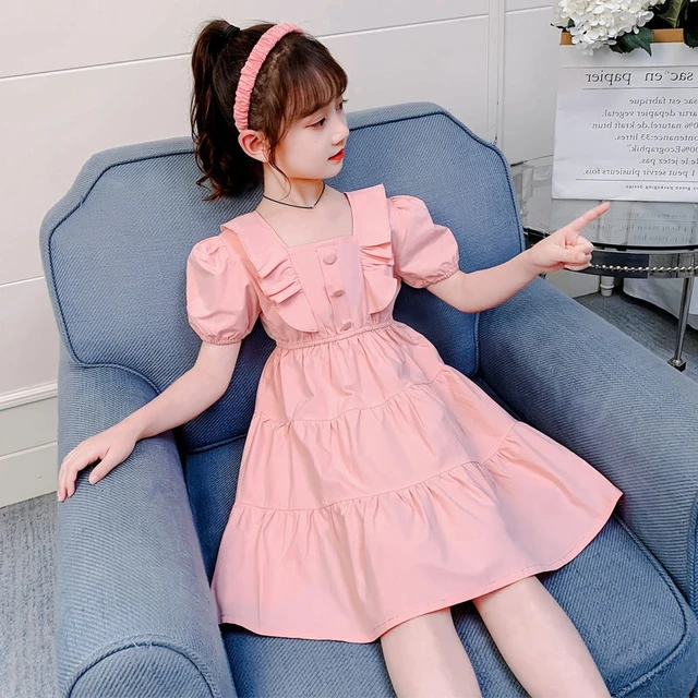 Korean Style Girls' Ruffled Plain Color Dress | Girl Dresses Online  Singapore – SUNJIMISE Kids Fashion