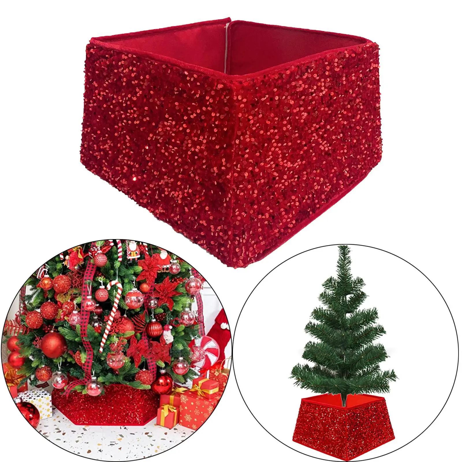 Large Christmas Base Box Cover Multipurpose with Red Sequin Reusable Standing Square christmas Base Skirt for Home Party