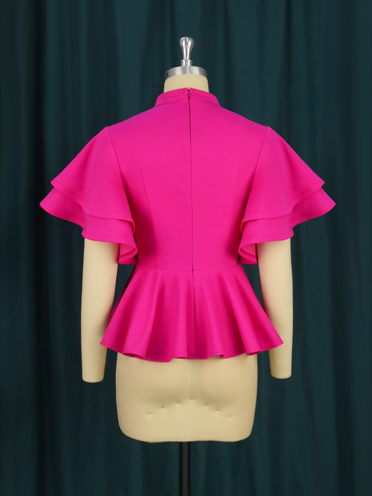 alta, em camadas, manga flare, camisa peplum,