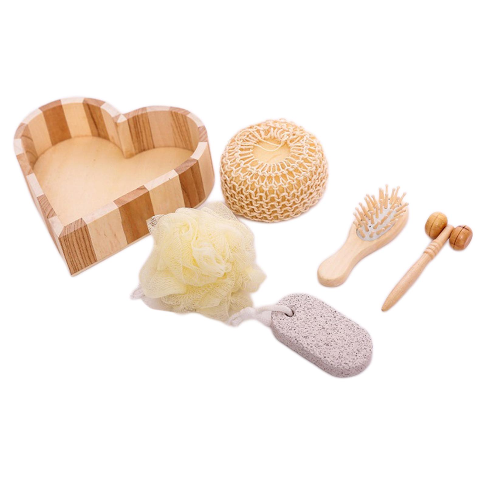 5 Pieces Bath Accessories Set Pumice Stone Hair Brush Sponge Ball in Heart Wooden Box for Body and Foot SPA Women Man Gift