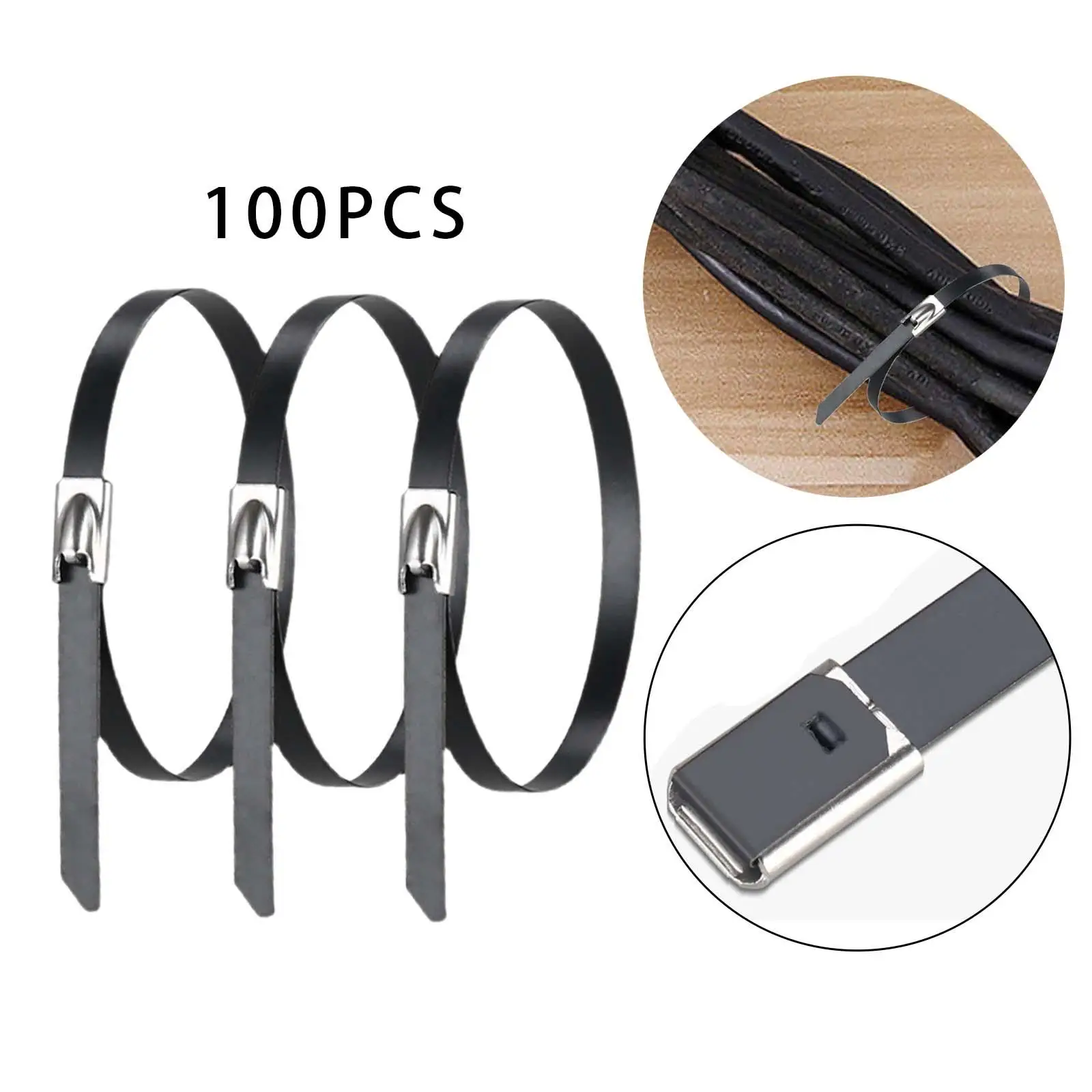 100Pcs 304 Stainless Steel Cable Ties Wrap Coated Practical Sturdy Accessory 4.6mm Width Black Color Versatile for Wire Harness