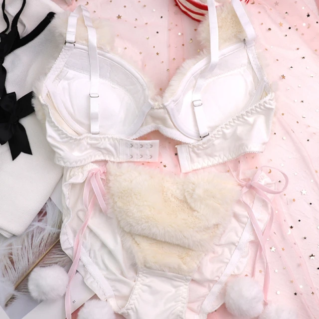 【Ready Stock】 Womens Lolita Kawaii 2pcs Bra Panty Set Cute Bear Embroidery  Fluffy Faux Fur Underwire Underwear Plush Ball Bow Japanese Anime Lingerie