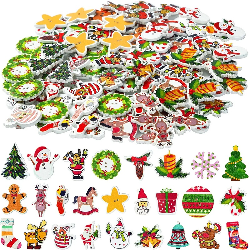 Description Picture 2 of item50pcs Wooden Christmas Buttons Christmas Crafts Embellishments Sewing Christmas Stocking Decorative Buttons for Handmade DIY