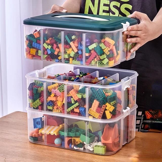 Boîte de rangement en plastique pour blocs de construction avec  compartiments, conteneur compatible Lego, grille de poignée, 2 couches,  évaluation de jouets - AliExpress