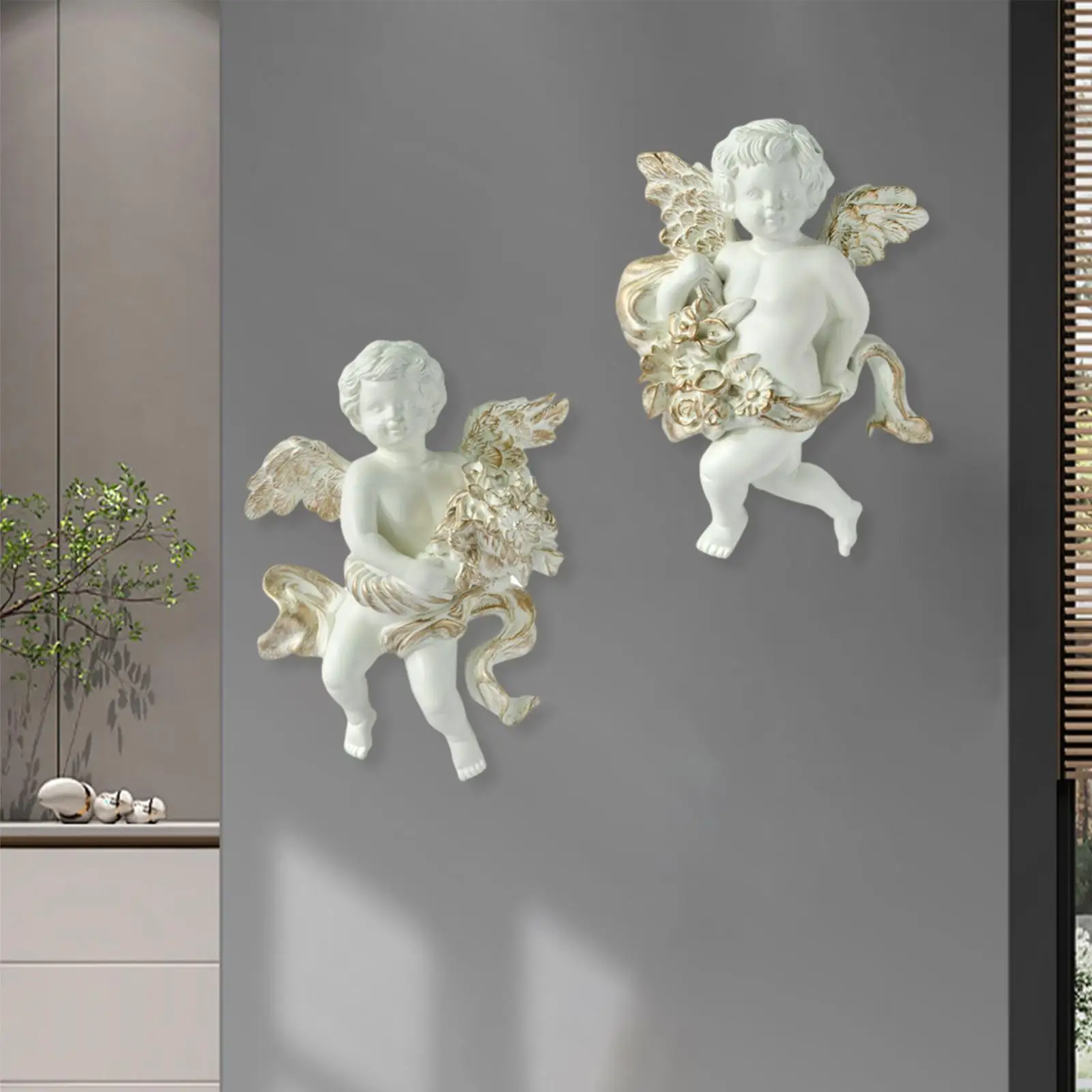 2x Cute Angel Statue Figurines Cherub Wall Sculpture Art Works Baby Resin Crafts