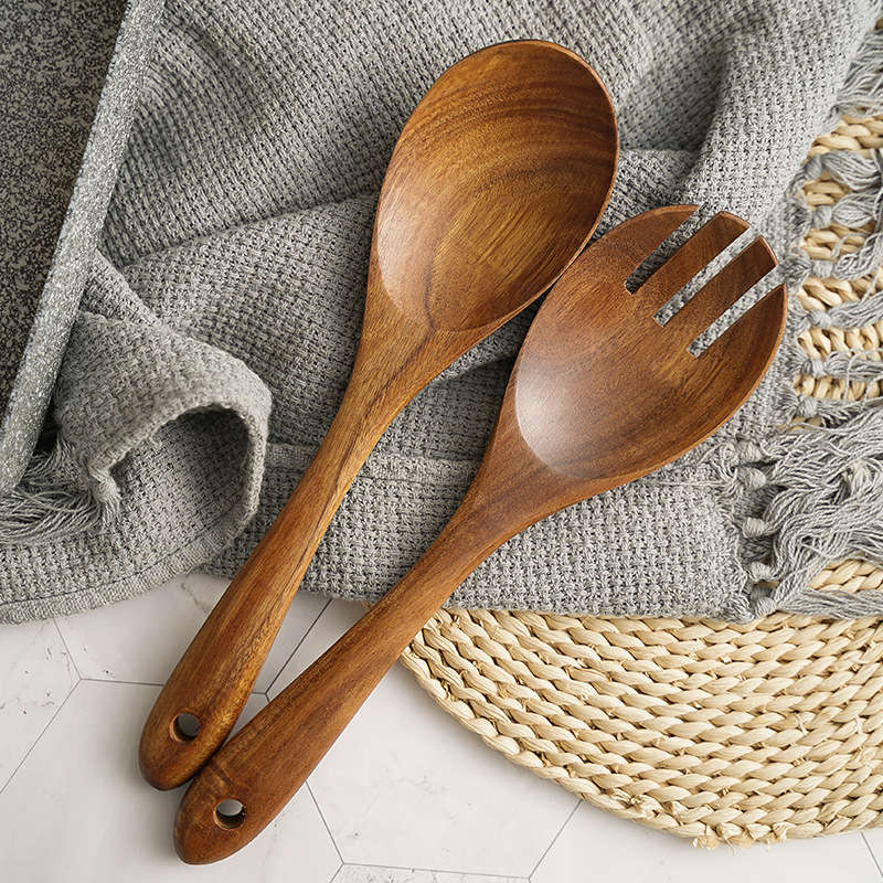 Description Picture 5 of itemCooking Spoon and Fork Set Japanese-style Wooden  Salad  Pasta   Log    Utensils Suit
