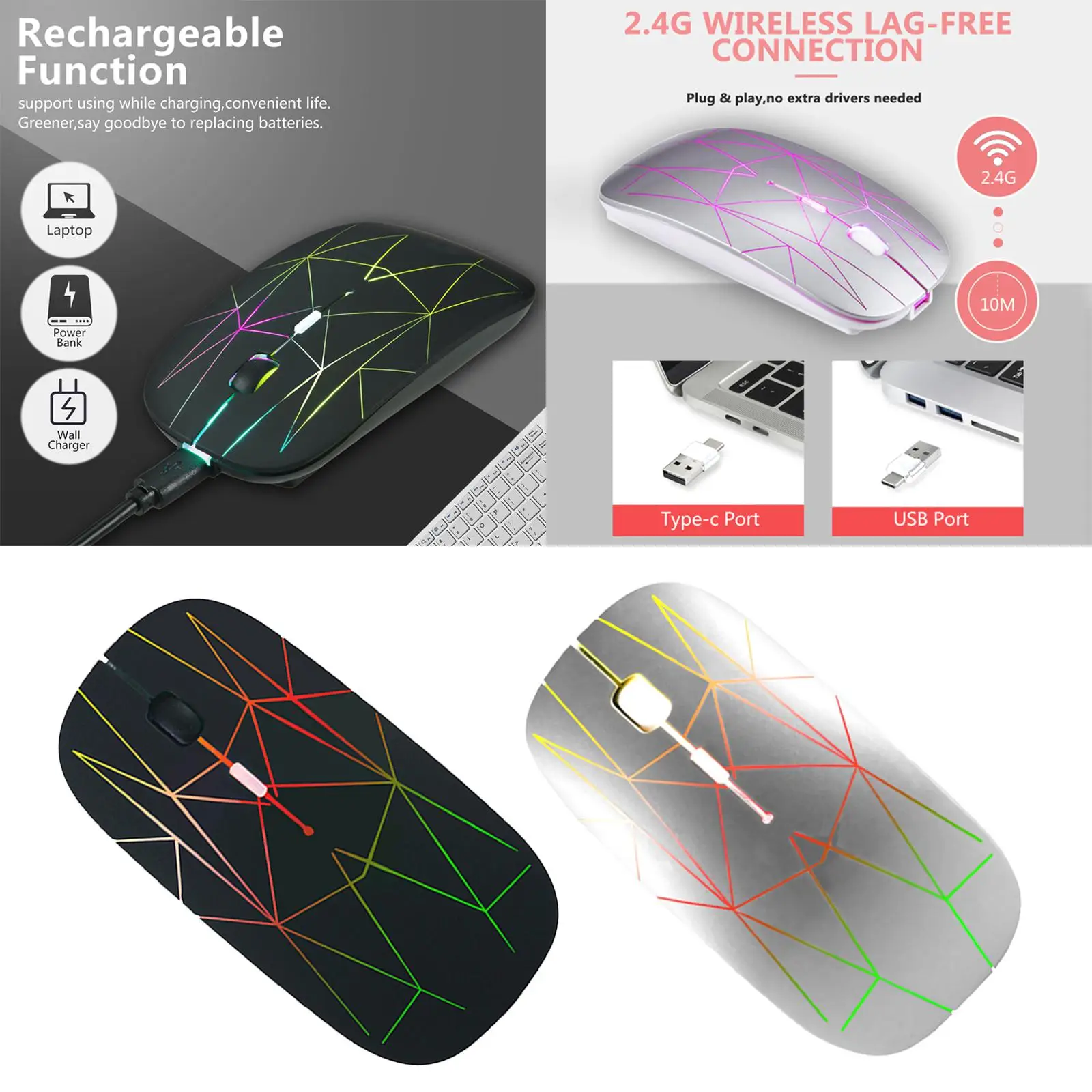 Slim LED Wireless Mouse Rechargeable Adjustable DPI LED Breathing Lights Mobile Optical Mouse Silent 4 Buttons for Laptop Office