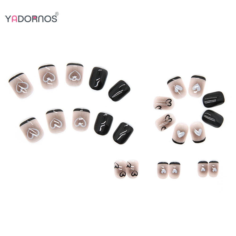 Description Picture 5 of item24pcs Y2K Fake Nails with Lovely Black Heart Designs Reusable French False Nails Full Cover Short Press On Nails for y2k Girls