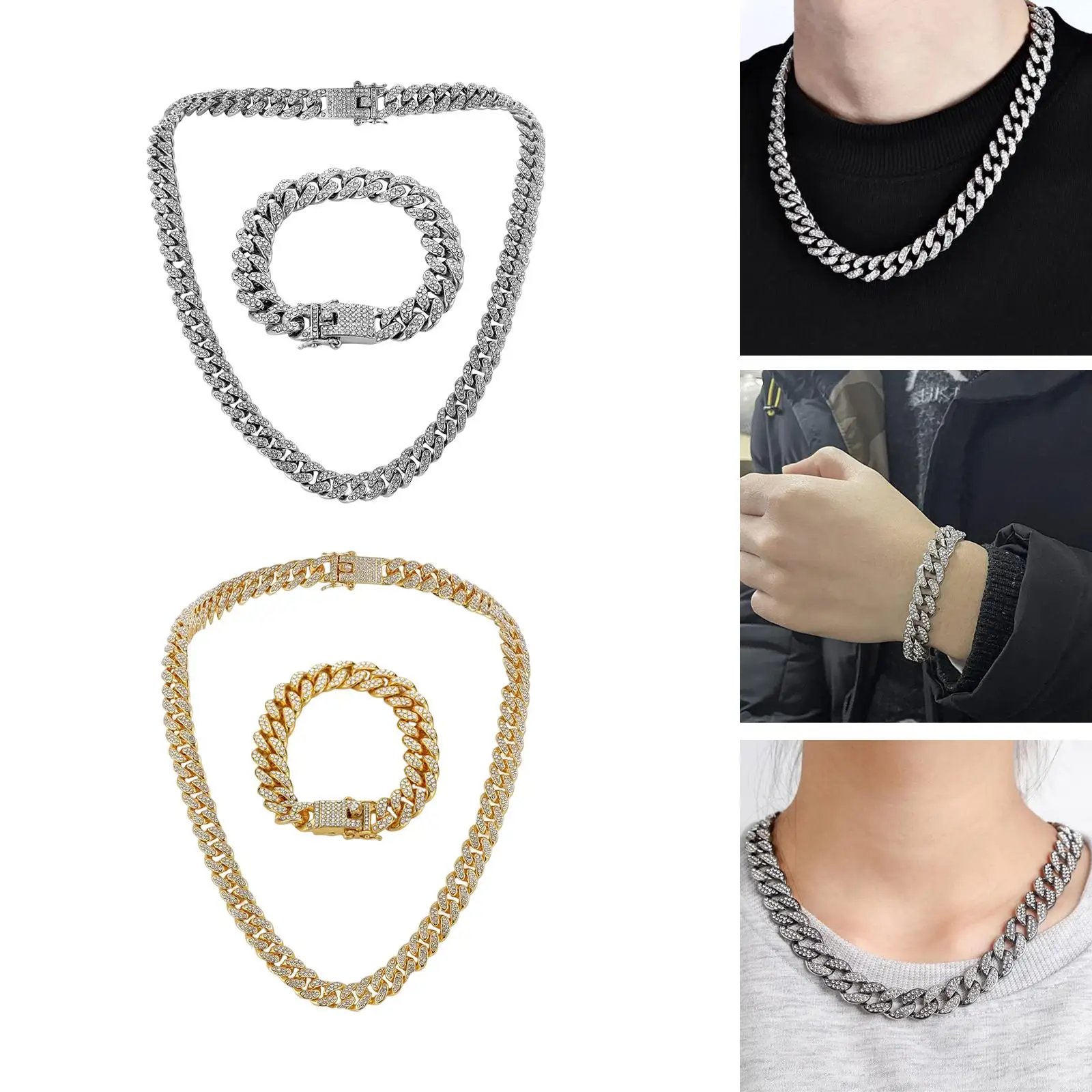 Mens Cuban Chain Hip Hop Jewelry Necklace Bracelet Boys Gift