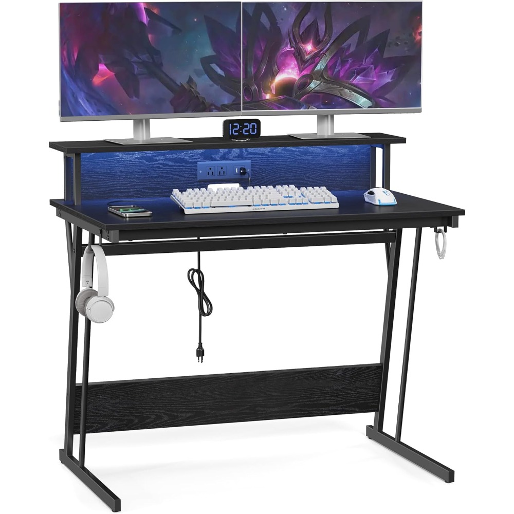 Description Picture 4 of itemLED Gaming Desk with Power Outlets, Computer Desk with USB Ports, Office Desk with Monitor Stand for 2 Monitors, with Hooks