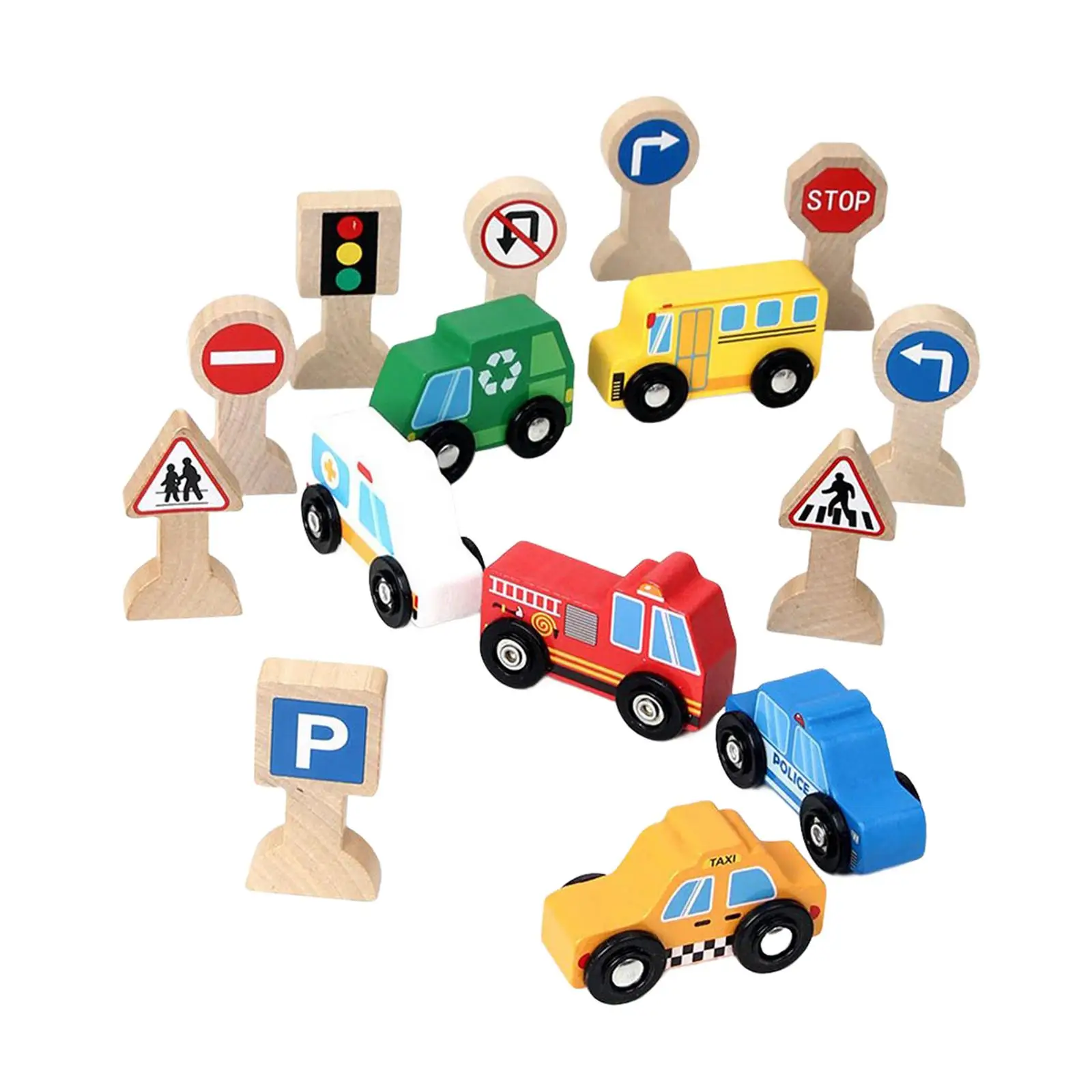 Wooden Cars Toys Wooden Street Signs Playset Educational Toy Mini Toy Vehicles for Boys Children Toddlers Kids Holiday Gifts