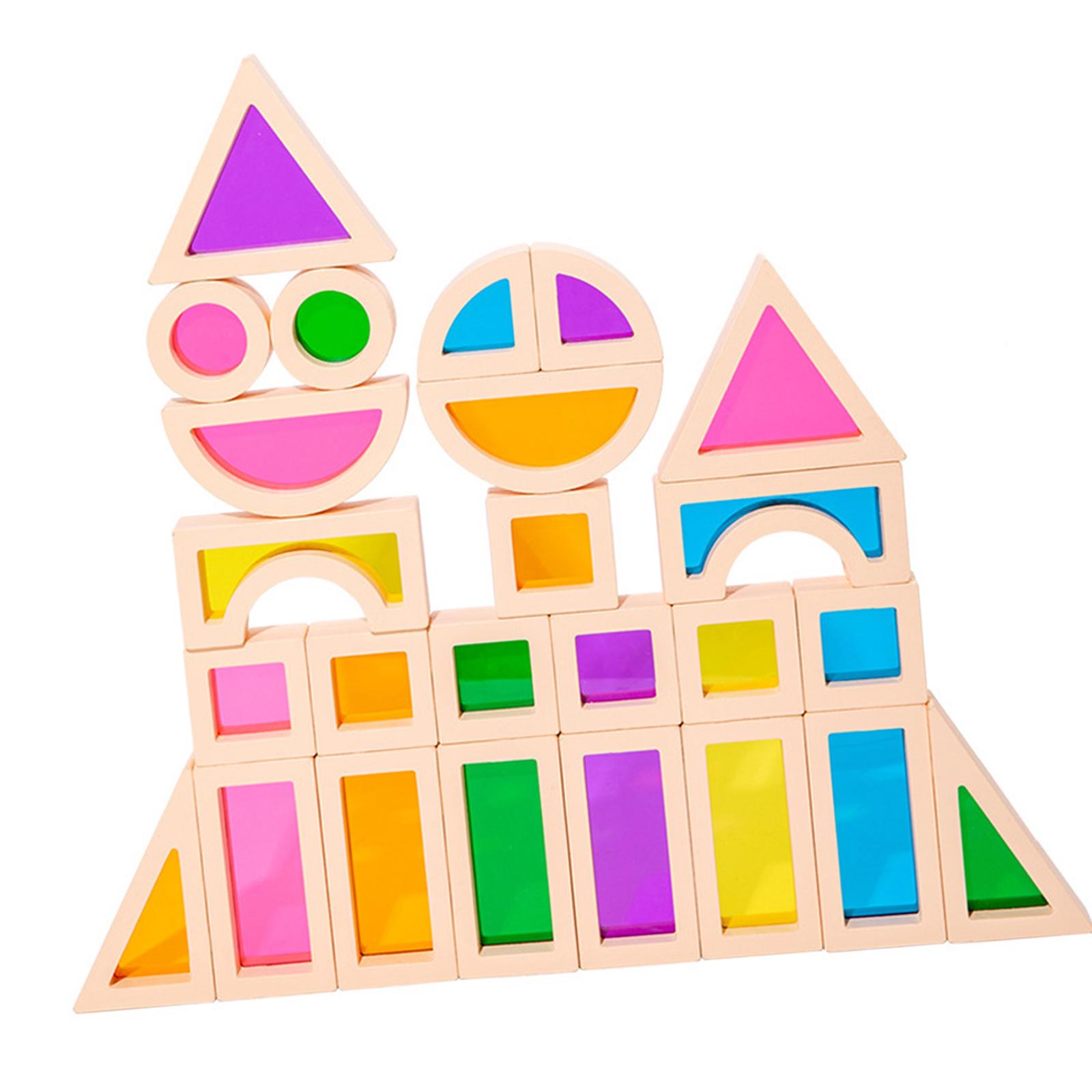 25Pcs Stacking Building Blocks Montessori Toys Construction Toys Colorful Geometry Sensory Toy Wood Rainbow Blocks for Preschool