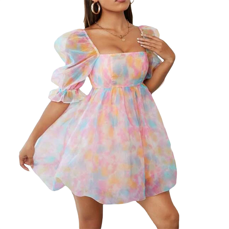 Fairy Mesh Dress y2k Women Aesthetic Gradient Color Puff Sleeve Princess Dress Square Neck Short Prom Party Dresses