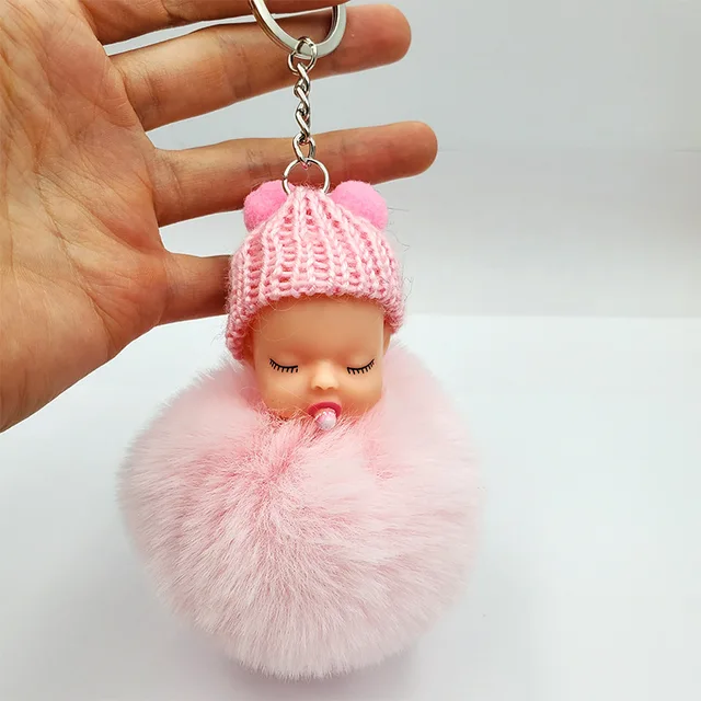 Queenbox Pom Pom Keyring Keychain, Cute Sleeping Baby Doll Fluffy 3/8cm  Key Ring for Hat Bag Backpack Decor Hanging Pendant