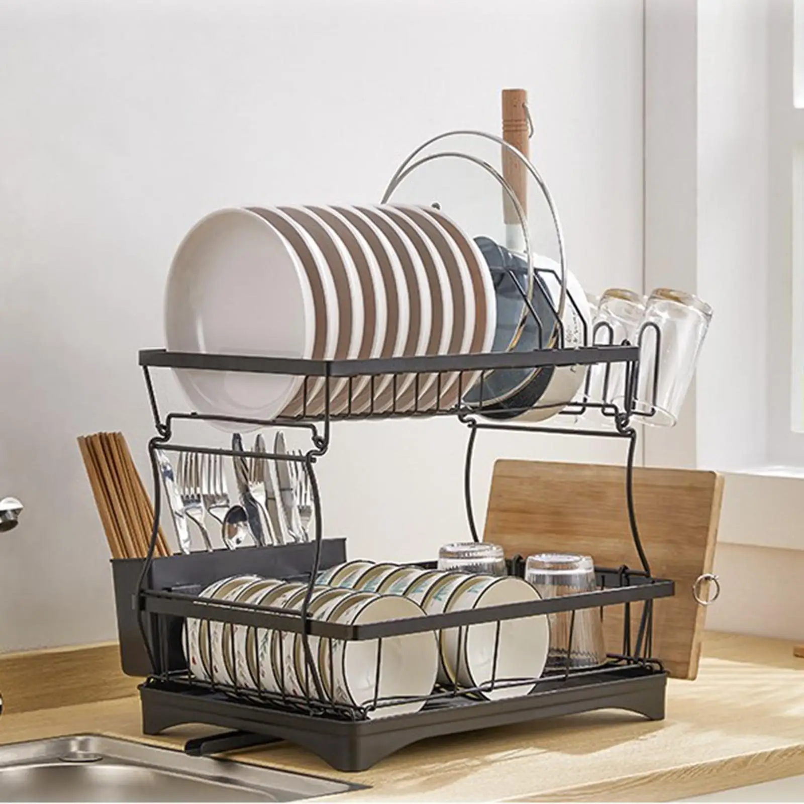 2 Tiers Dish Drying Rack with Drainboard Utensils Holder for Restaurant Countertop